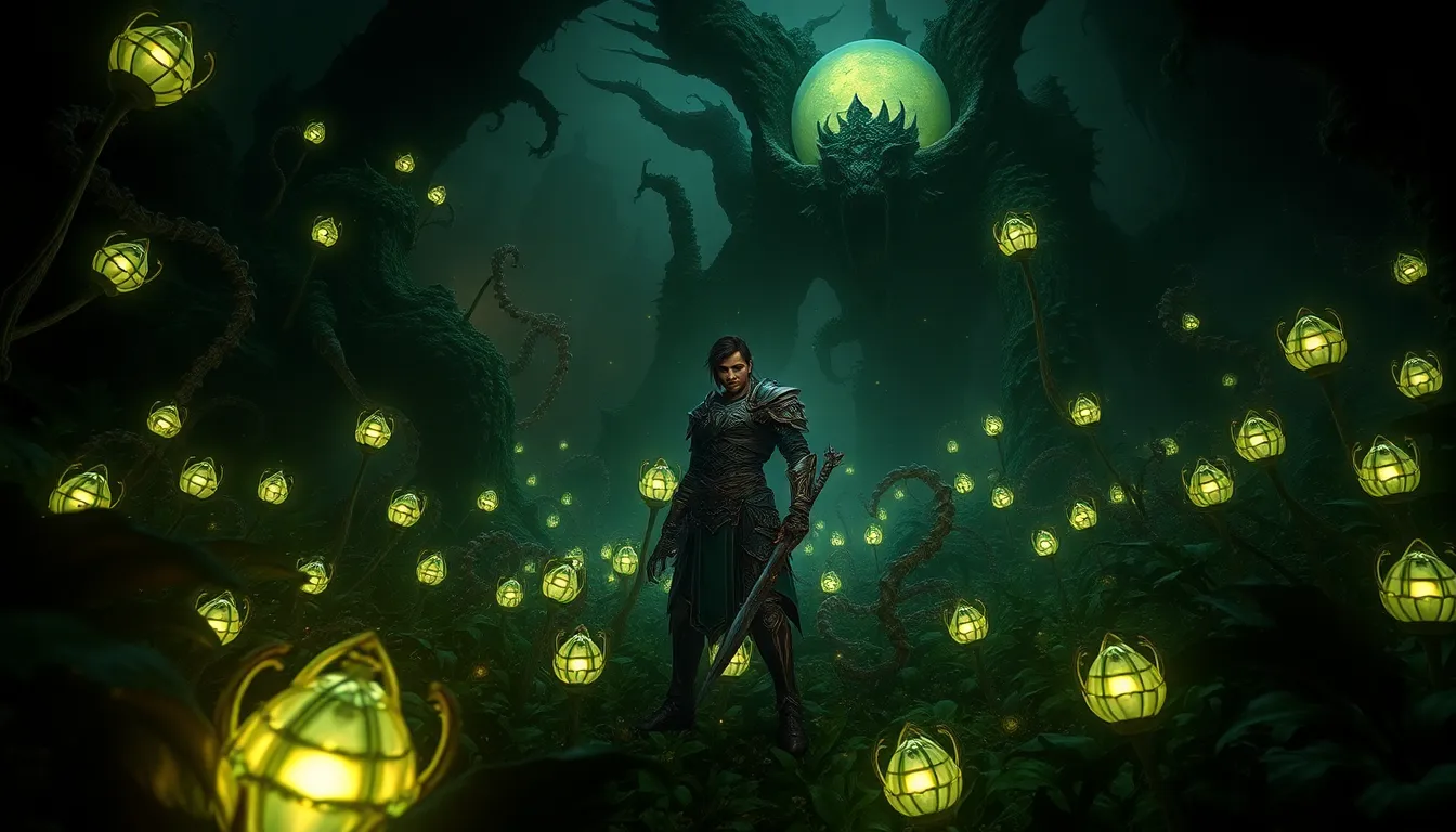 a figure in armor exploring a surreal, eerie landscape filled with bizarre plants.