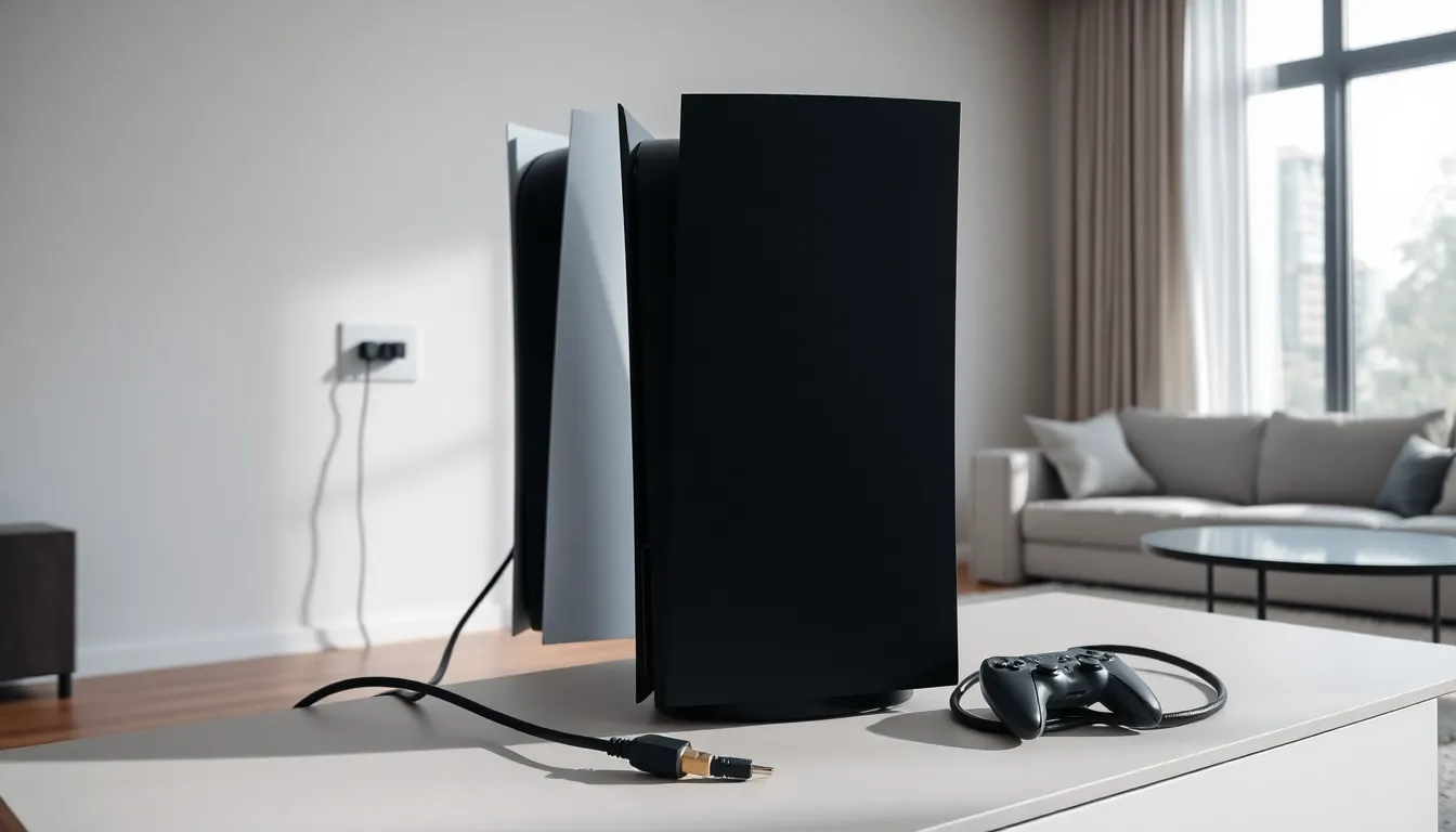 modern living room with a PlayStation 5 console on an entertainment unit.