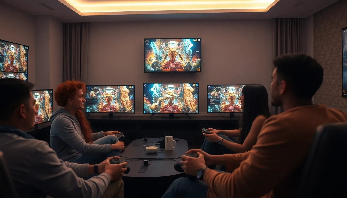 diverse group of players exploring Elden Ring collectibles in a modern gaming setup.