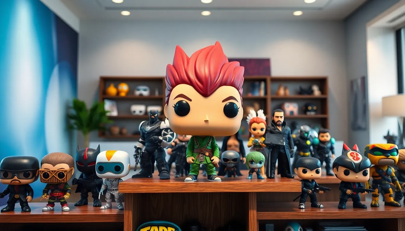 display of various Funko Pop collectibles, including an Elden Ring figure.