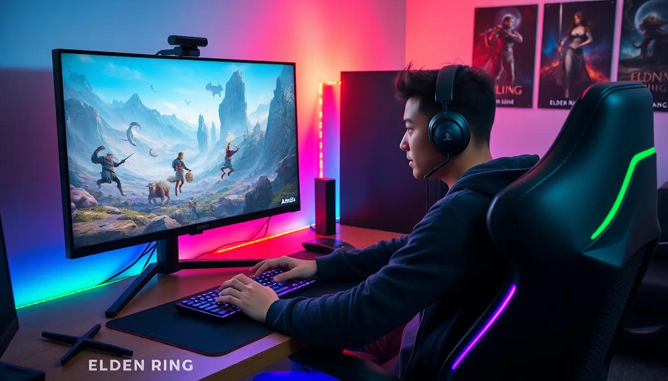 gamer focused on Elden Ring gameplay with a vibrant fantasy backdrop.