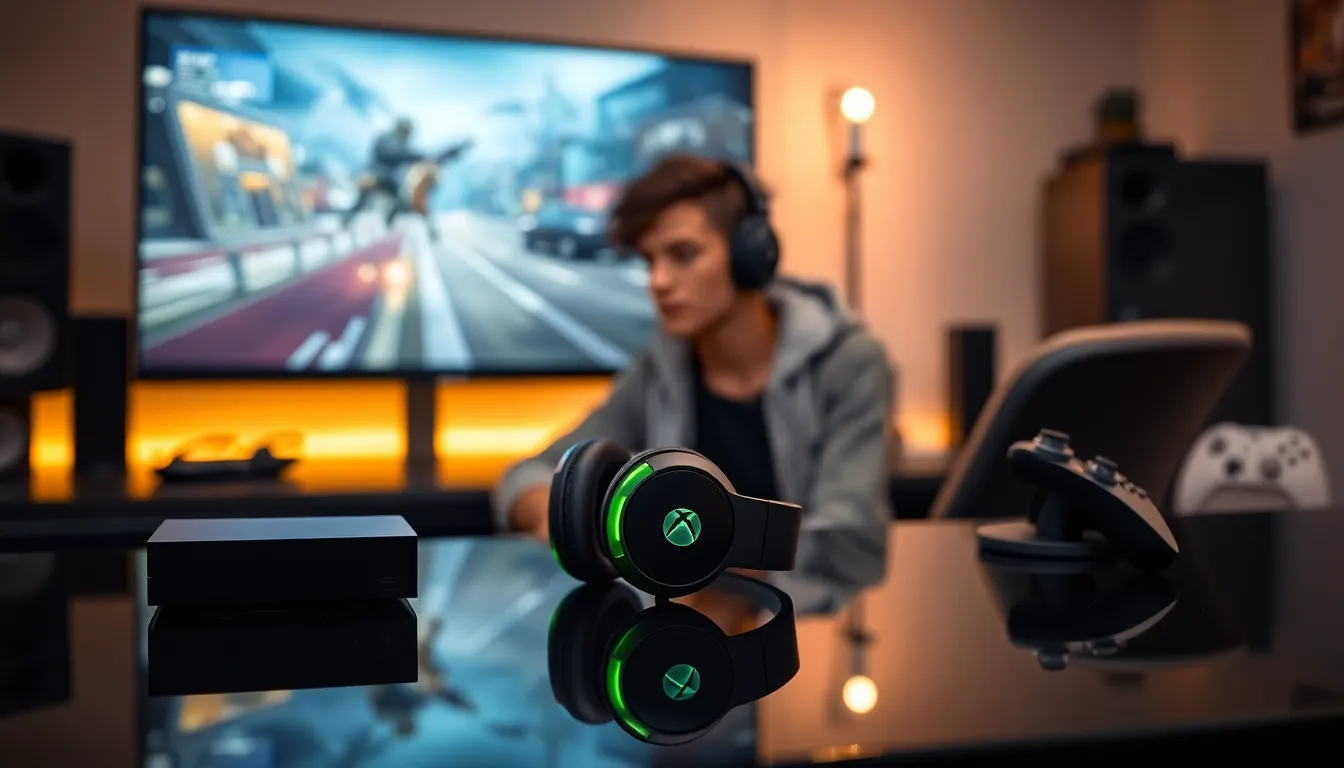 gamer using Xbox One headphones in a modern gaming setup.