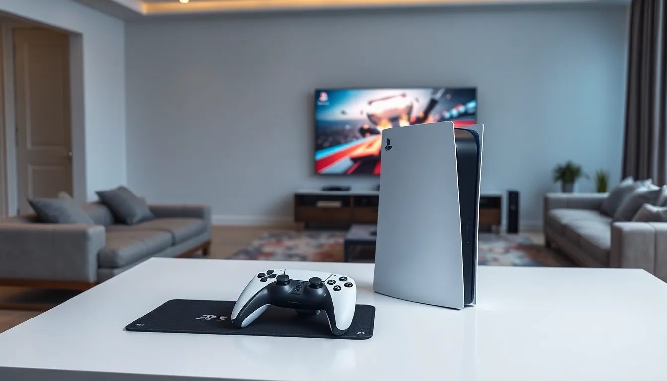 modern gaming setup featuring PlayStation 5 and controller.