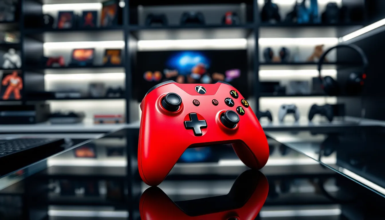 red Xbox One controller on a modern gaming setup.