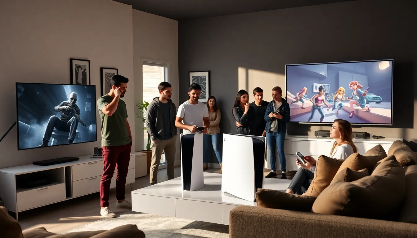 group demonstrating how to reset a PlayStation 5 in a modern living room.