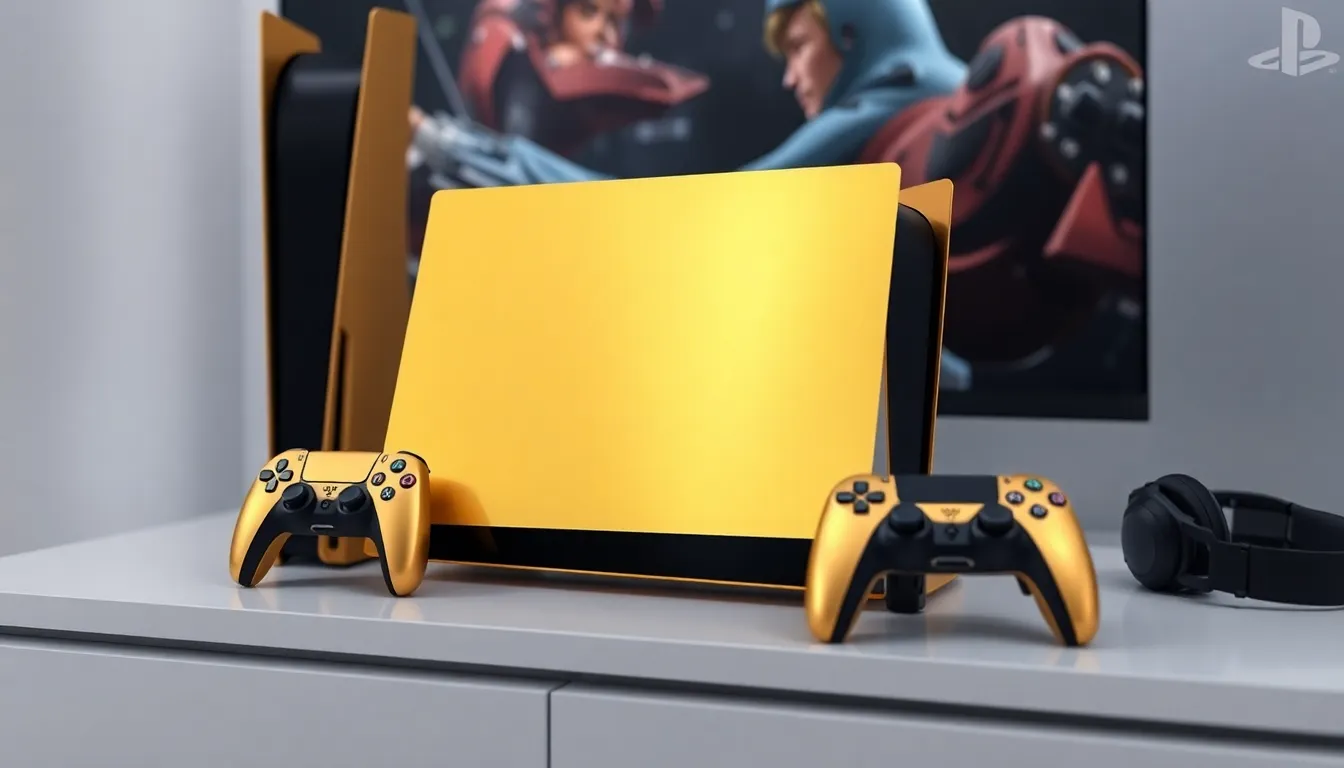 A gold PlayStation 5 on a modern gaming setup.