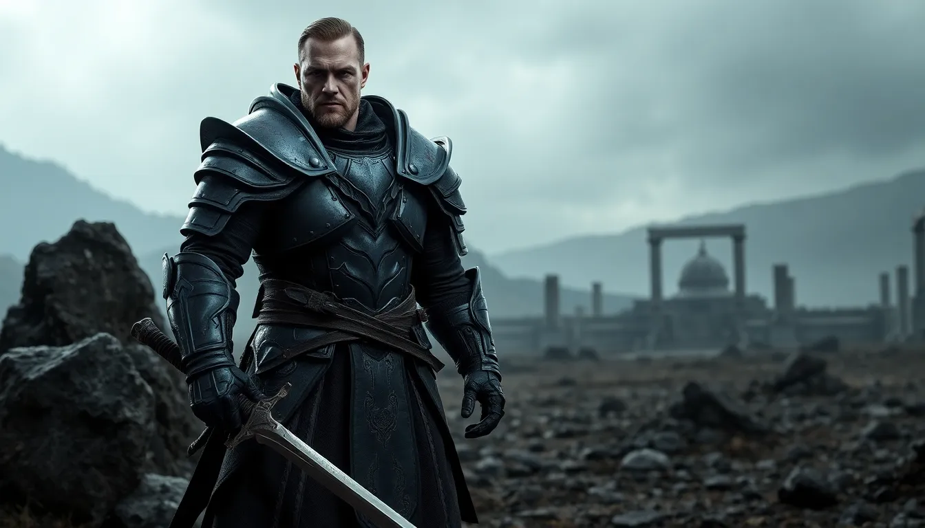 Character in Guts Armor standing on a desolate battlefield.