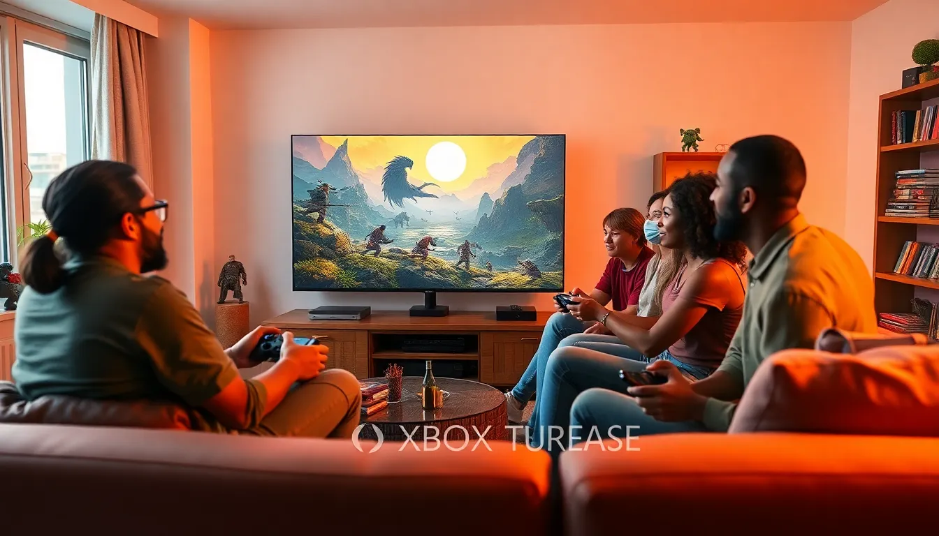group of gamers playing Elden Ring on Xbox in a modern living room.