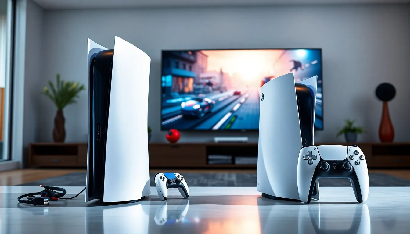 comparison of PlayStation 5 and PS5 Slim in a modern gaming room.