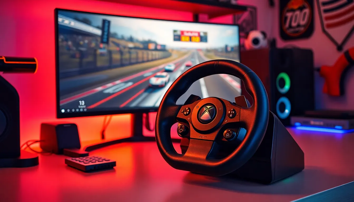 Xbox One racing wheel on a gaming desk with a racing game display.
